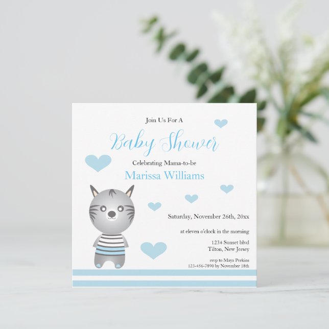 Invitation Bébé Garçon Zèbre Cœurs Bleus Mignon (Debout devant)