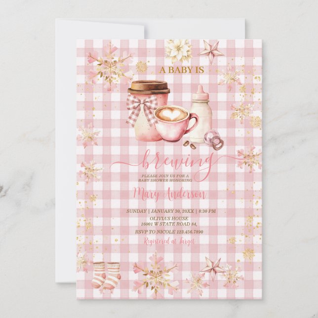 Invitation Bébé Gingham Rose Prépare un Bébé Hiver Baby Showe (Devant)