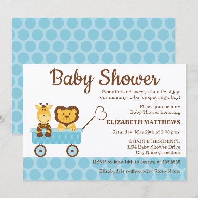Invitation Bébé girafe et lion: Baby Shower (Devant / Derrière)