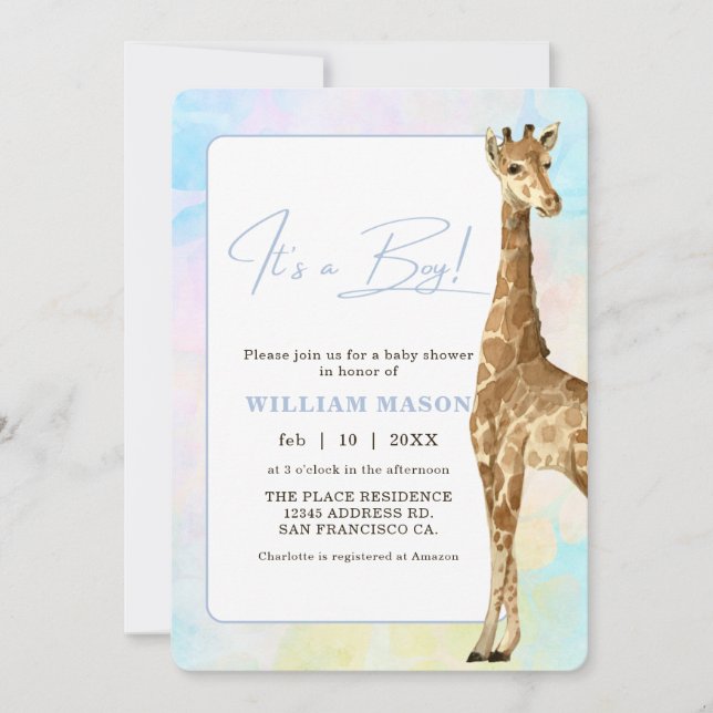 Invitation Bébé girafe Fête de naissance Bleu C'est un garçon (Devant)