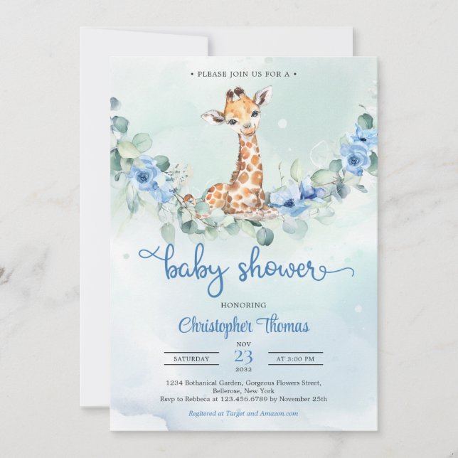 Invitation Bébé girafe fleurs bleues Baby shower eucalyptus (Devant)