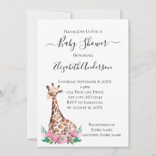 Invitation Bébé girafe Safari avec fleurs roses