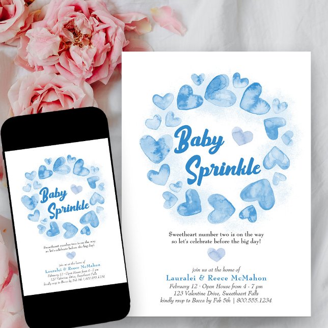 Invitation Bébé Goutte de Bleu Saint-Valentin Petit Chéri (Baby Sprinkle Blue Love Heart Baby Shower Invitation)