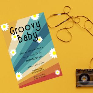 Invitation Bébé Groovy Fête Rétro sur le thème de Daisy