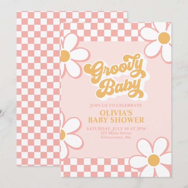 Invitation Bébé Groovy Rétro à pois rose Daisy (Devant / Derrière)