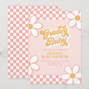 Invitation Bébé Groovy Rétro à pois rose Daisy