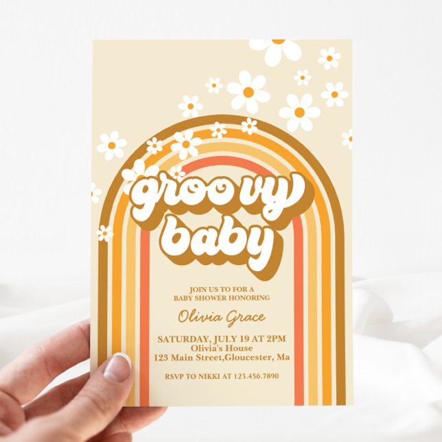 Invitation Bébé Groovy Rétro Arc-en-ciel Fête de Bébé Daisy (Créateur téléchargé)