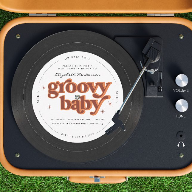 Invitation Bébé Groovy | Rétro Fête de Naissance sur Disque V (Créateur téléchargé)