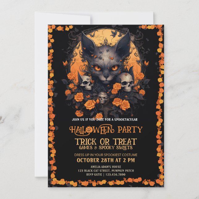 Invitation Bébé Halloween Cat en colère Fleur crâne (Devant)