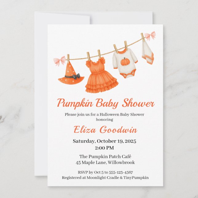 Invitation Bébé Halloween Fille | Petite Sorcière Citrouille (Devant)