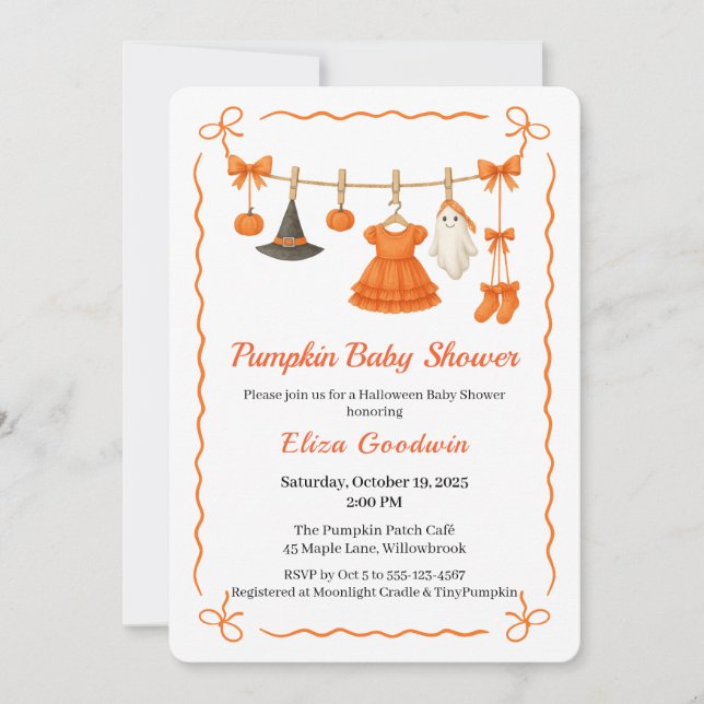 Invitation Bébé Halloween Fille | Petite Sorcière Citrouille (Devant)
