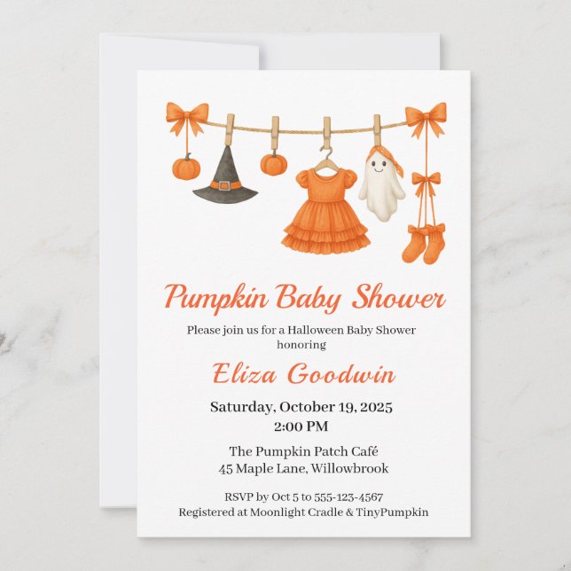 Invitation Bébé Halloween Fille | Petite Sorcière Citrouille (Devant)