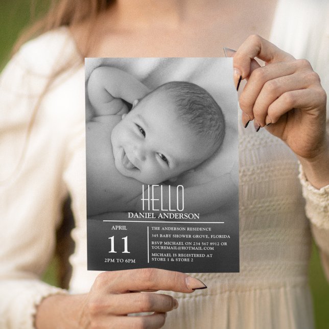 Invitation Bébé Hello Photo Moderne | Fête Sip And See (Créateur téléchargé)