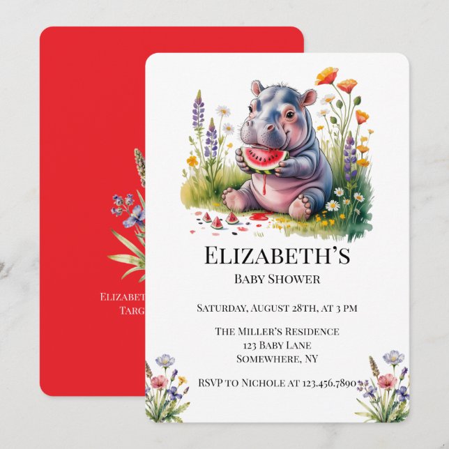 Invitation Bébé Hippopotame Mignon Baby Shower Pastèque  (Devant / Derrière)