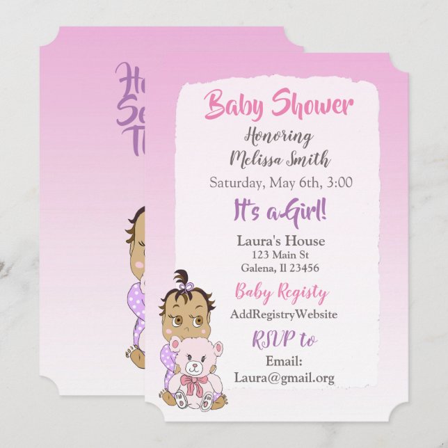 Invitation Bébé hispanique fille avec un bébé ours en peluche (Devant / Derrière)