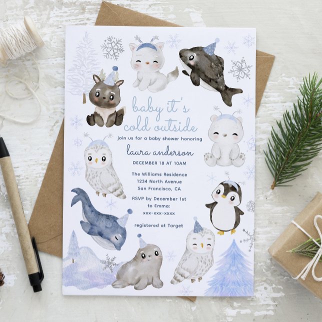 Invitation Bébé Il fait froid à l'extérieur du Baby shower de (Winter Wonderland Baby It's cold Outside Card with blue watercolor animals. Image from freepik)