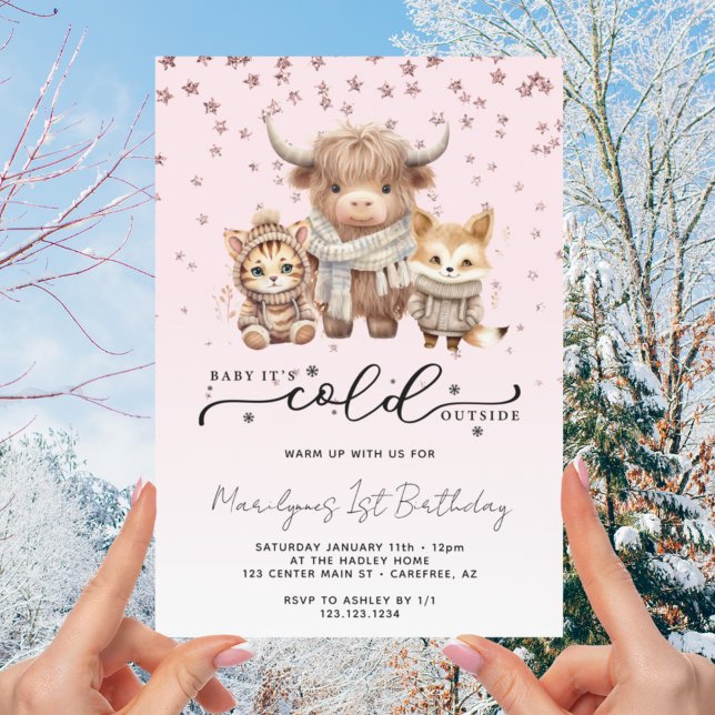 Invitation Bébé il fait froid dehors 1er anniversaire rose (Créateur téléchargé)
