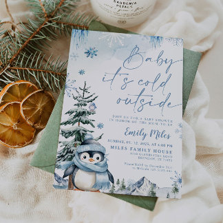 Invitation Bébé il fait froid dehors, baby shower bleu pingou