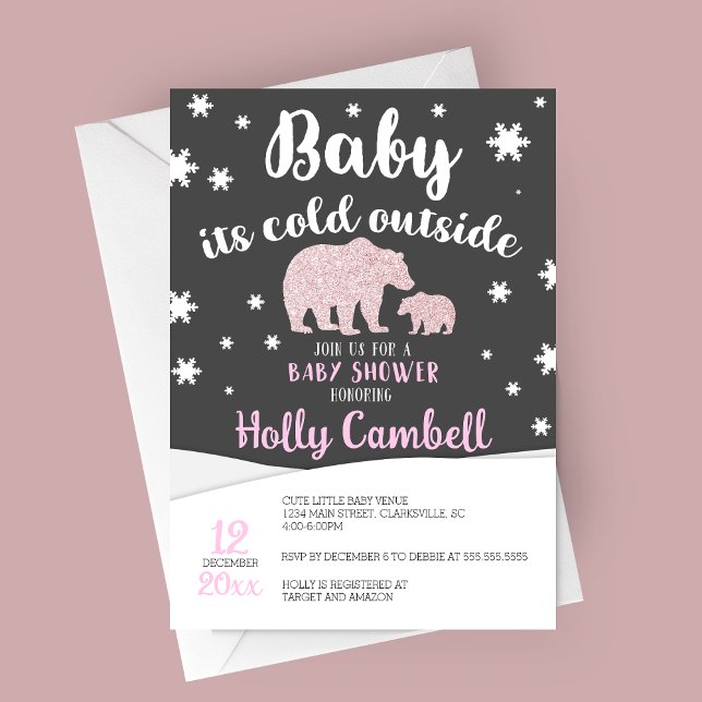 Invitation Bébé Il fait froid dehors Baby shower d'ours polai (Baby It's Cold Outside, Polar Bear Winter Baby Shower Invitation in Pink)