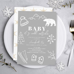 Invitation Bébé Il fait froid dehors Baby shower gris dessiné