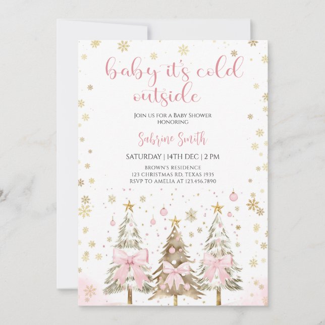 Invitation Bébé il fait froid dehors Baby Shower Rose (Devant)