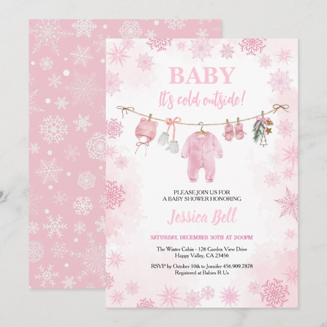 Invitation Bébé Il fait froid dehors Baby shower Rose Girl Wi (Devant / Derrière)
