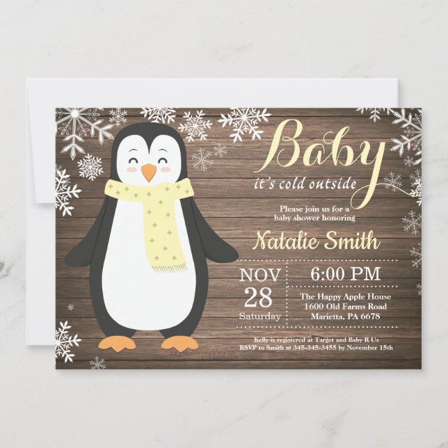 Invitation Bébé il fait froid dehors Bain de bébé pingouin ru (Devant)