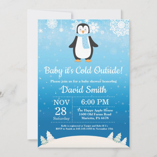 Invitation Bébé il fait froid dehors Bébé pingouin Fête de na (Devant)