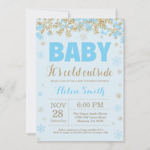 Invitation Bébé il fait froid dehors Bleu Or Garçon Baby Show