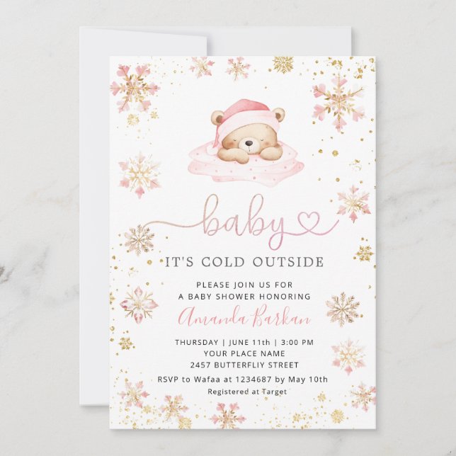 Invitation Bébé, il fait froid dehors Boho Rose Fille Baby Sh (Devant)