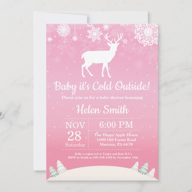 Invitation Bébé il fait froid dehors Fête de bébé fille Cerf  (Devant)