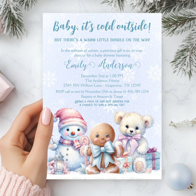 Invitation Bébé, il fait froid dehors Fête de bébé garçon hiv (Winter baby shower invitation with adorable snowman, gingerbread cookie and teddy bear.)