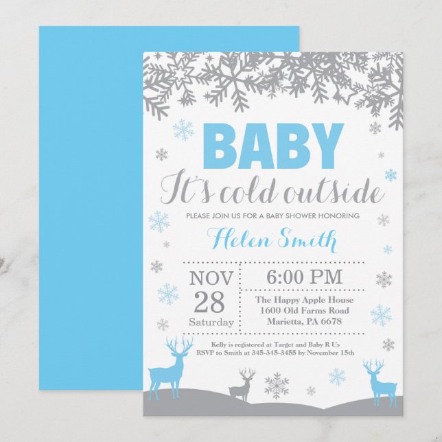 Invitation Bébé il fait froid dehors Fête prénatale garçon Ba (Devant / Derrière)