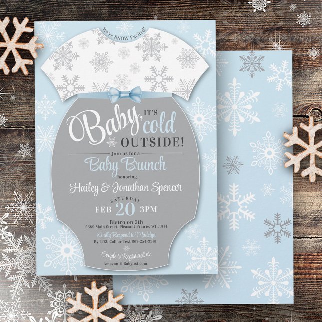 Invitation Bébé Il fait froid dehors Garçon Blue Snowflake hi (Baby It's Cold Outside Bodysuit light pastel blue and gray Snowflake Baby Brunch Shower Invitation)