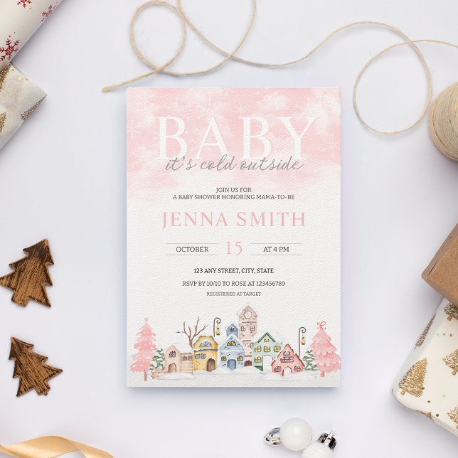Invitation Bébé Il fait froid dehors hiver Wonderland Douche (Pink Winter Wonderland Baby Shower Invitation | Baby it's cold outside Girl's Christmas Baby Shower)
