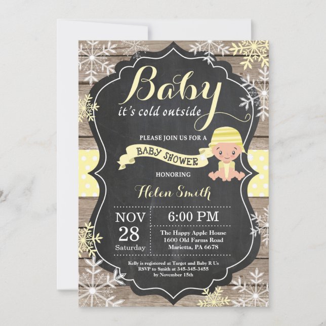 Invitation Bébé il fait froid dehors Jaune Baby Shower (Devant)