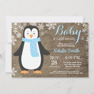 Invitation Bébé il fait froid dehors Pingouin Burlap Baby Sho