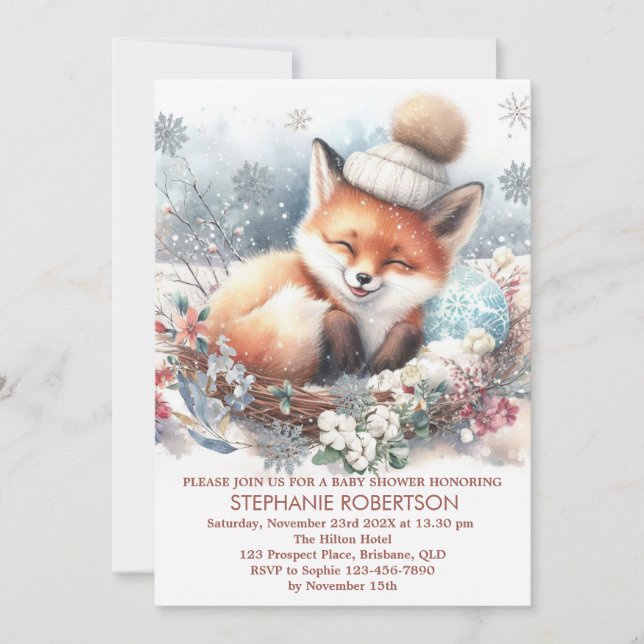 Invitation Bébé il fait froid dehors renard mignon flocons de (Devant)