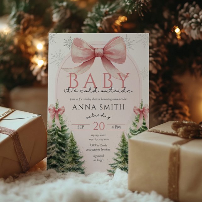 Invitation Bébé, il fait froid dehors Rose Noël Hiver Fille (Baby It's cold outside baby shower invitation christmas, winter wonderland, girl pink bow coquette)