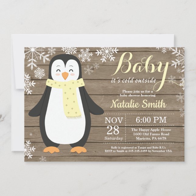 Invitation Bébé il fait froid dehors Rustique Pingouin Baby S (Devant)
