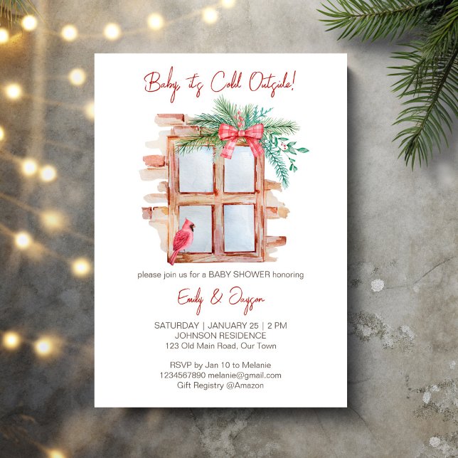 Invitation Bébé il fait froid en dehors de l'hiver bébé paste (Baby it's cold outside winter baby pastel invitation cards template frosty window red bow pines bird)
