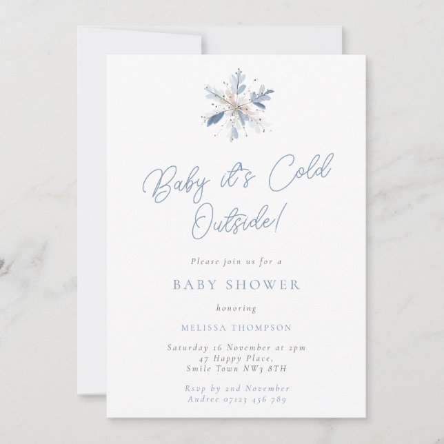 Invitation Bébé il fait froid Flocon de neige bleu et blanc B (Devant)