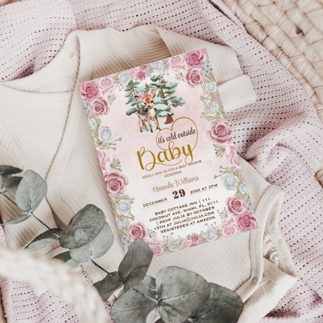 Invitation Bébé il fait froid Floral Cerf Bébé Fille Shower  (Créateur téléchargé)