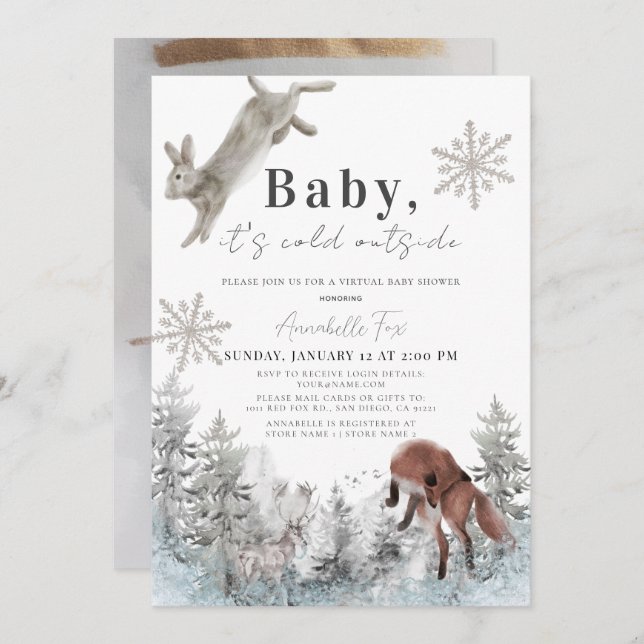 Invitation Bébé Il fait froid hors des animaux Baby shower vi (Devant / Derrière)