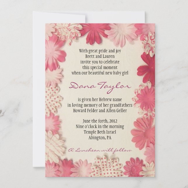Invitation Bébé juif de fleurs de papier appelant l'hébreu (Devant)