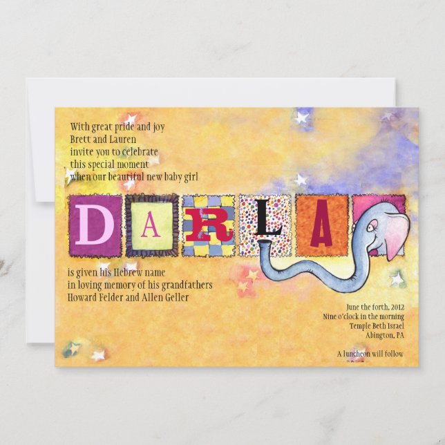 Invitation Bébé juif d'éléphant appelant la fille d'hébreu (Devant)