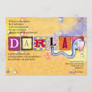 Invitation Bébé juif d'éléphant appelant la fille d'hébreu