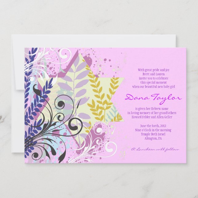 Invitation Bébé juif d'étoile abstraite appelant l'hébreu (Devant)