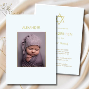 Invitation Bébé juif Nom Photo Blue Gold Boys Religieux