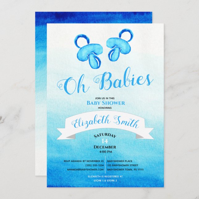 Invitation Bébé jumeau garçon aquarelle babyshower (Devant / Derrière)